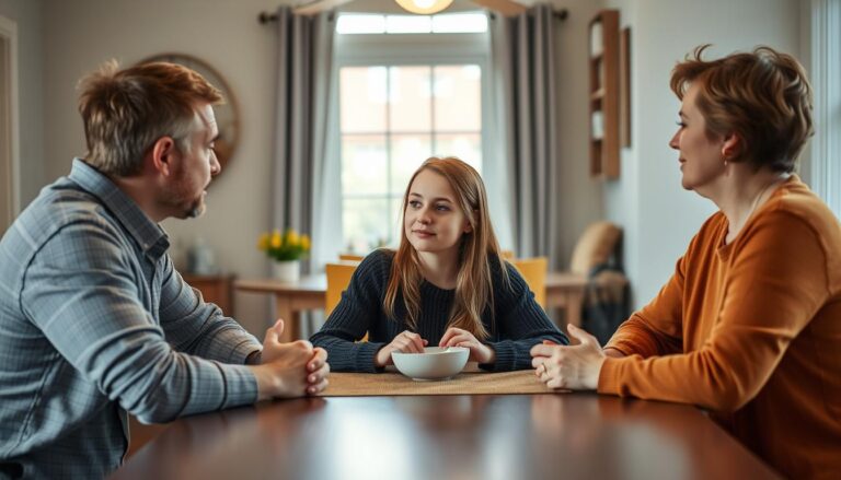 Nastolatka rozmawiająca z rodzicami przy stole w domu