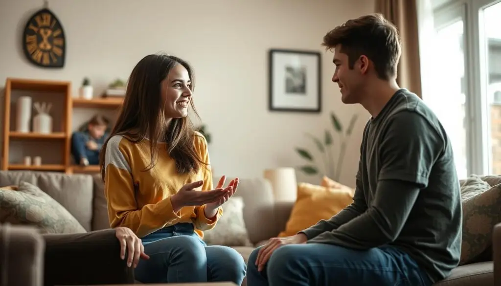 Nastoletnia para rozmawiająca z rodzicami w salonie