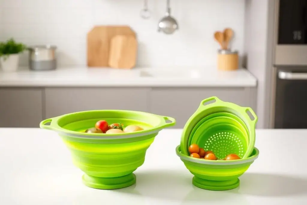 Nowoczesny składany durszlak silikonowy w kolorze zielonym