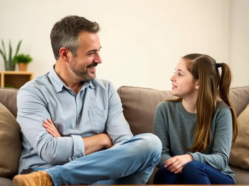 Ojciec i córka podczas szczerej rozmowy w domowym otoczeniu