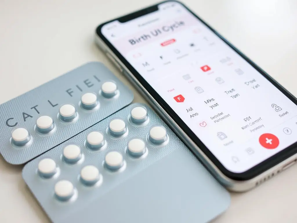 Opakowanie tabletek antykoncepcyjnych obok kalendarza menstruacyjnego