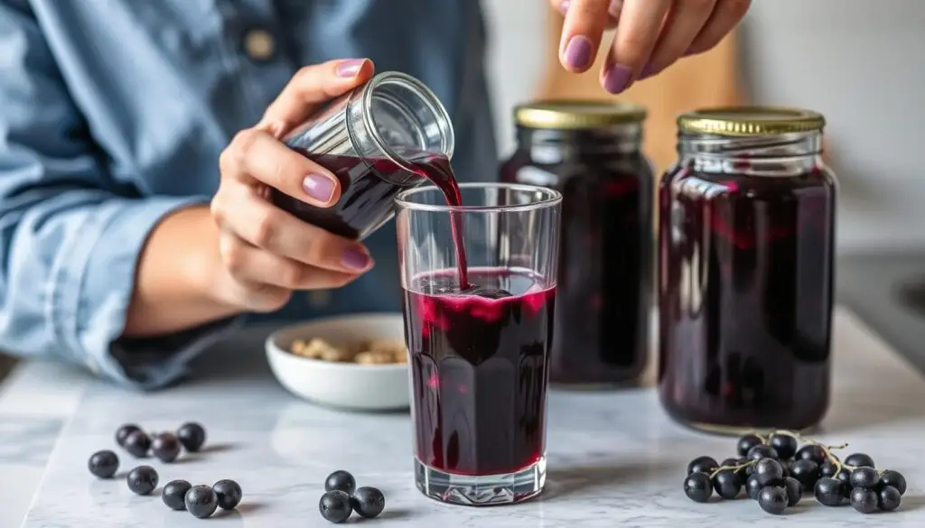 Osoba nalewająca sok z aronii do szklanki, w tle słoiki z przetworami