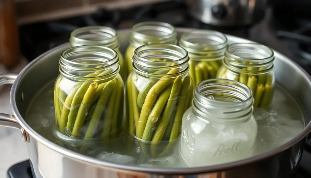 Pasteryzacja słoików z fasolką szparagową w dużym garnku Pasteryzacja słoików z fasolką szparagową w dużym garnku