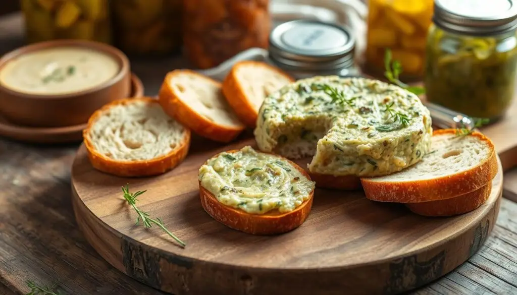 Pasztet z cukinii siostry Anastazji podany na desce z pieczywem i dekoracją z ziół Pasztet z cukinii siostry Anastazji podany na desce z pieczywem i dekoracją z ziół