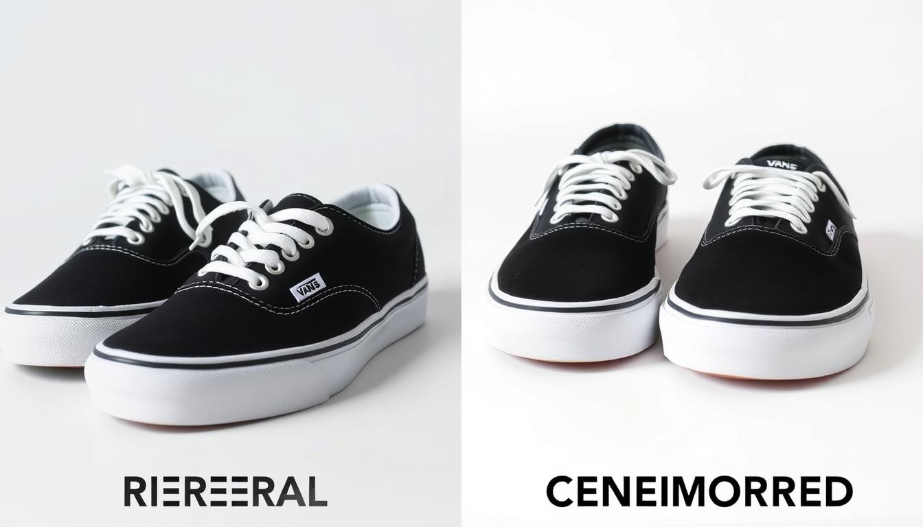 Porównanie oryginalnych Vansów z podróbkami leżące obok siebie