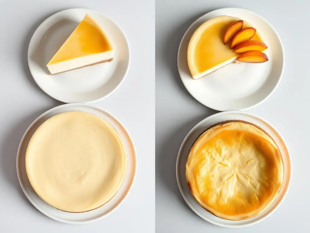 Porównanie prawidłowo i nieprawidłowo upieczonego sernika z brzoskwiniami