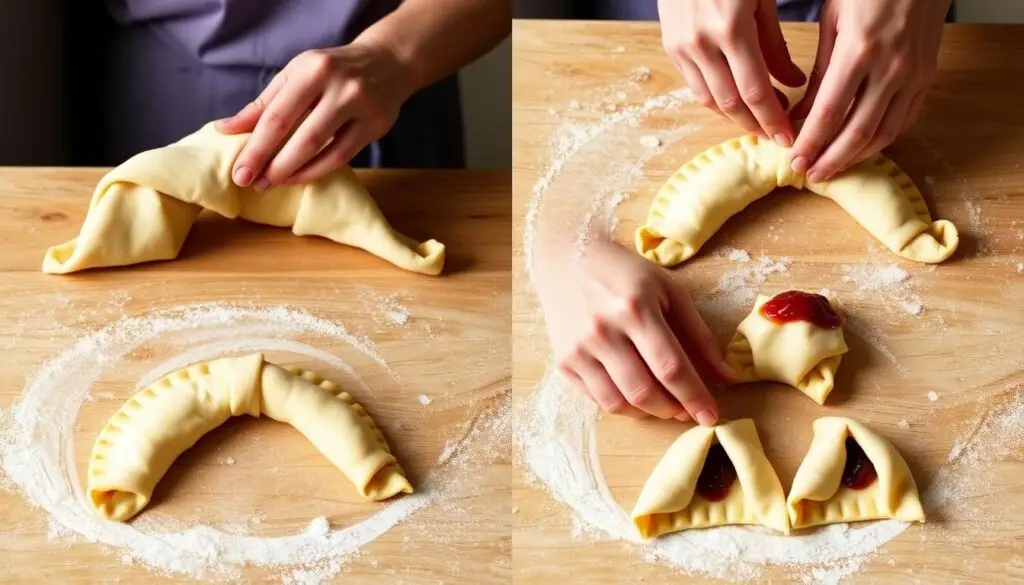 Proces formowania rogalików krucho drożdżowych siostry Anastazji - zwijanie trójkątów ciasta z nadzieniem Proces formowania rogalików krucho drożdżowych siostry Anastazji - zwijanie trójkątów ciasta z nadzieniem