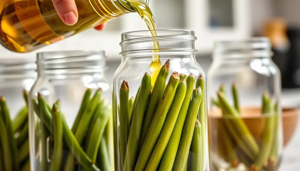Proces napełniania słoików fasolką szparagową i zalewą Proces napełniania słoików fasolką szparagową i zalewą