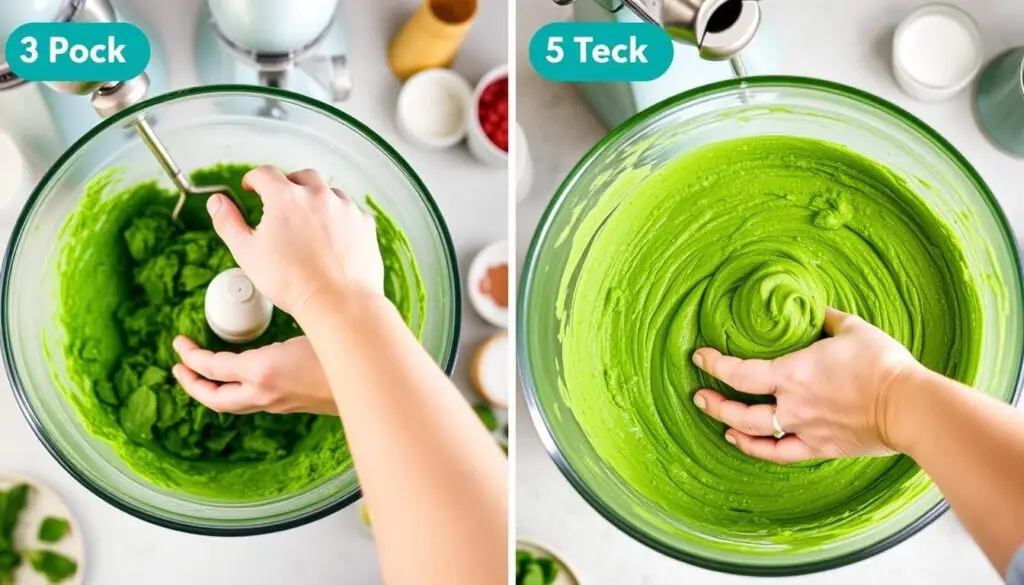 Proces przygotowania ciasta leśny mech - miksowanie szpinaku z pozostałymi składnikami