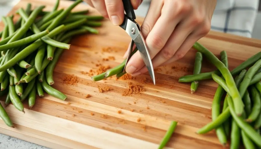 Proces przygotowania fasolki szparagowej - obcinanie końcówek Proces przygotowania fasolki szparagowej - obcinanie końcówek