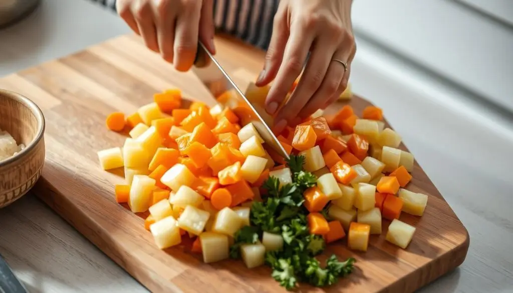 Proces przygotowania sałatki jarzynowej Siostry Anastazji - krojenie warzyw w kostkę