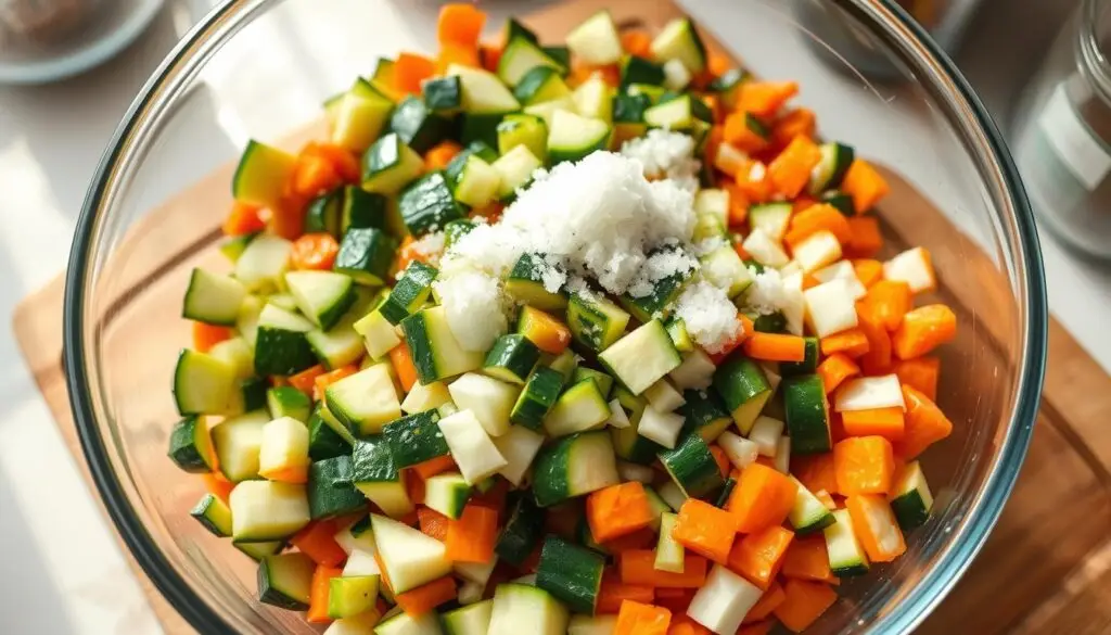 Proces przygotowania sałatki z cukinii na zimę - pokrojone warzywa w misce przed dodaniem soli Proces przygotowania sałatki z cukinii na zimę - pokrojone warzywa w misce przed dodaniem soli