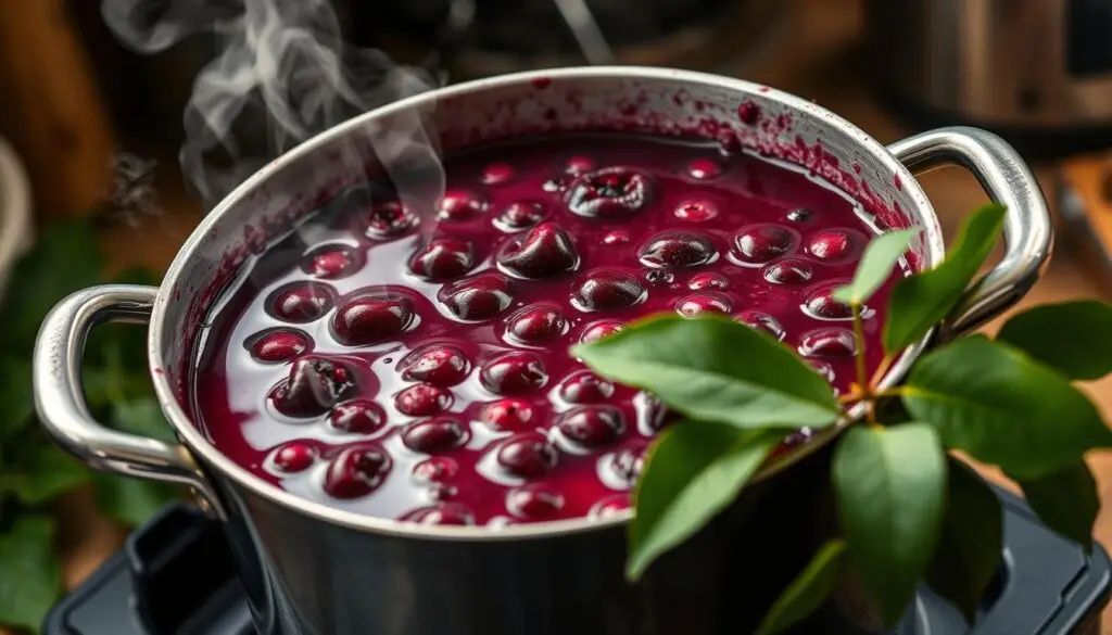 Proces przygotowania soku z aronii - owoce gotujące się w garnku z liśćmi wiśni