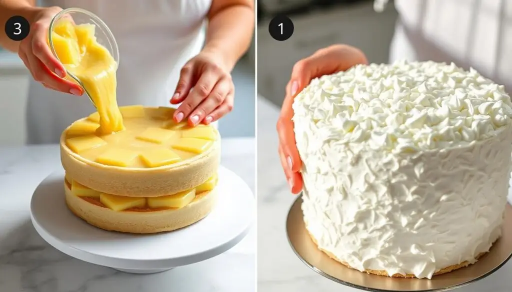 Proces składania warstw ciasta ananasowo kokosowego siostry Anastazji Proces składania warstw ciasta ananasowo kokosowego siostry Anastazji