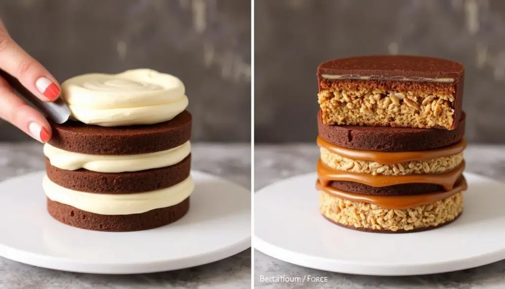 Proces składania warstw ciasta snikers na biszkopcie siostry anastazji