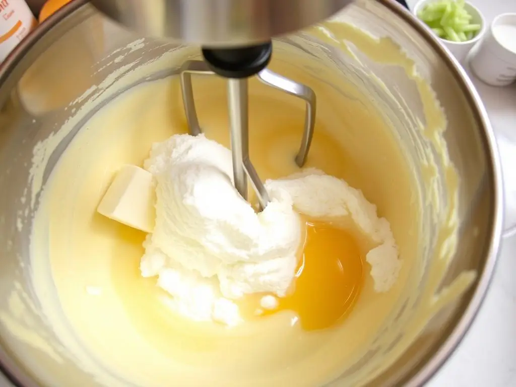 Proces ucierania masła z cukrem i żółtkami do ciasta Fale Dunaju Proces ucierania masła z cukrem i żółtkami do ciasta Fale Dunaju