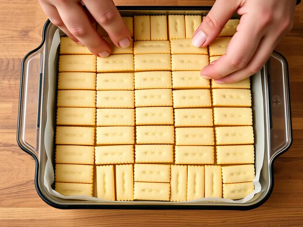 Proces układania herbatników w formie do ciasta góra lodowa bez pieczenia