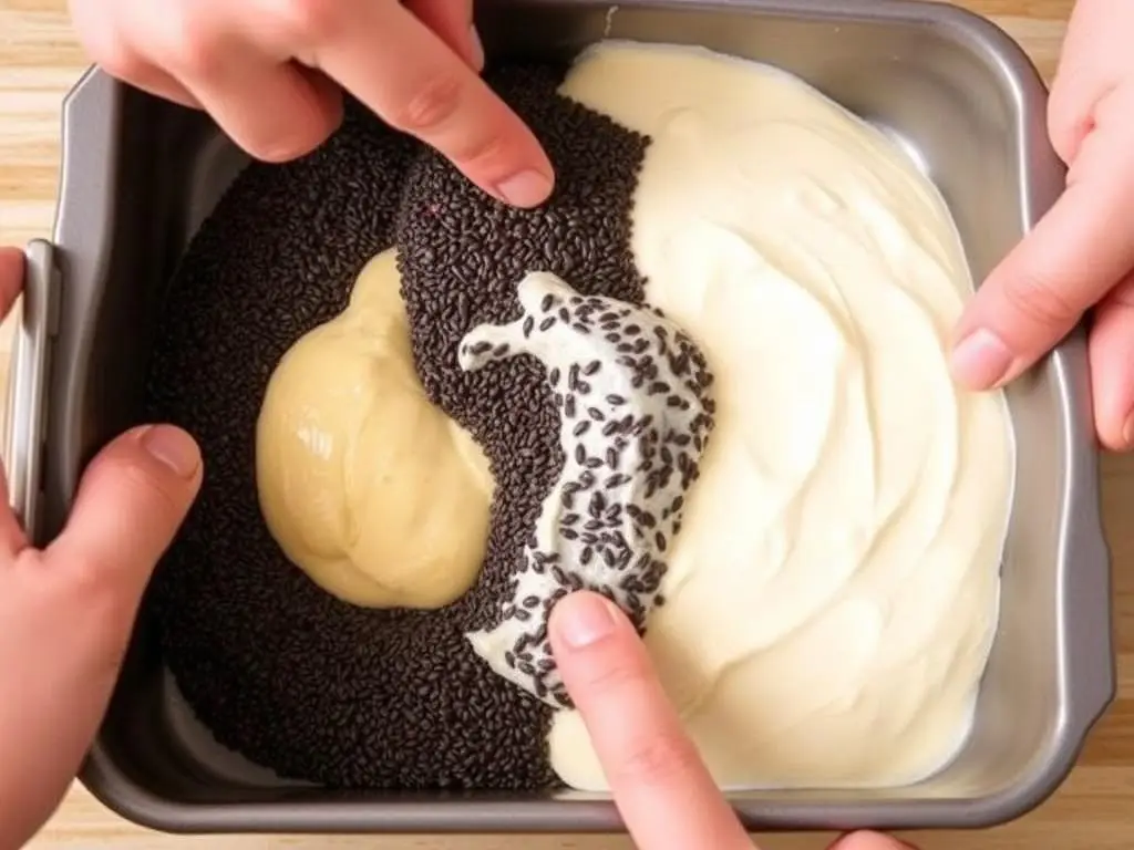 Proces warstwowego układania mas serowej i makowej w formie do pieczenia