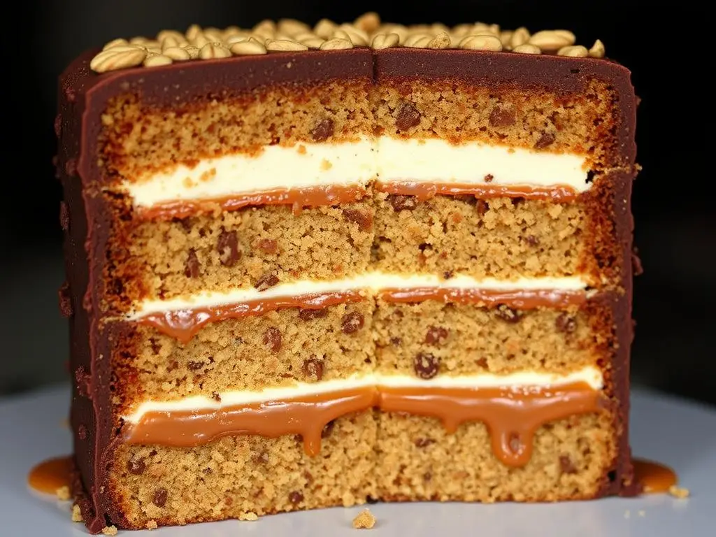 Przekrój ciasta snikers na biszkopcie siostry anastazji pokazujący wszystkie warstwy