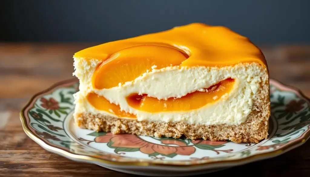 Przekrojony sernik z brzoskwiniami siostry Anastazji ukazujący wszystkie warstwy ciasta