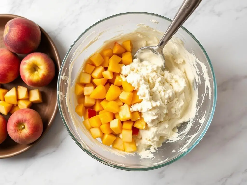 Przygotowanie masy serowej z dodatkiem pokrojonych brzoskwiń