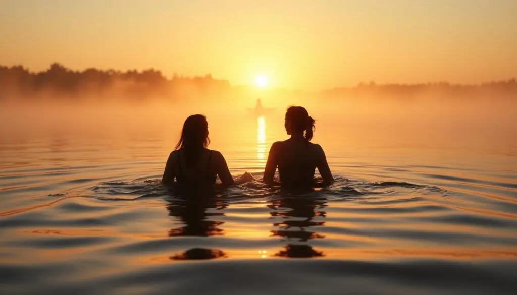 Przyjaciółki kąpiące się w jeziorze o wschodzie słońca