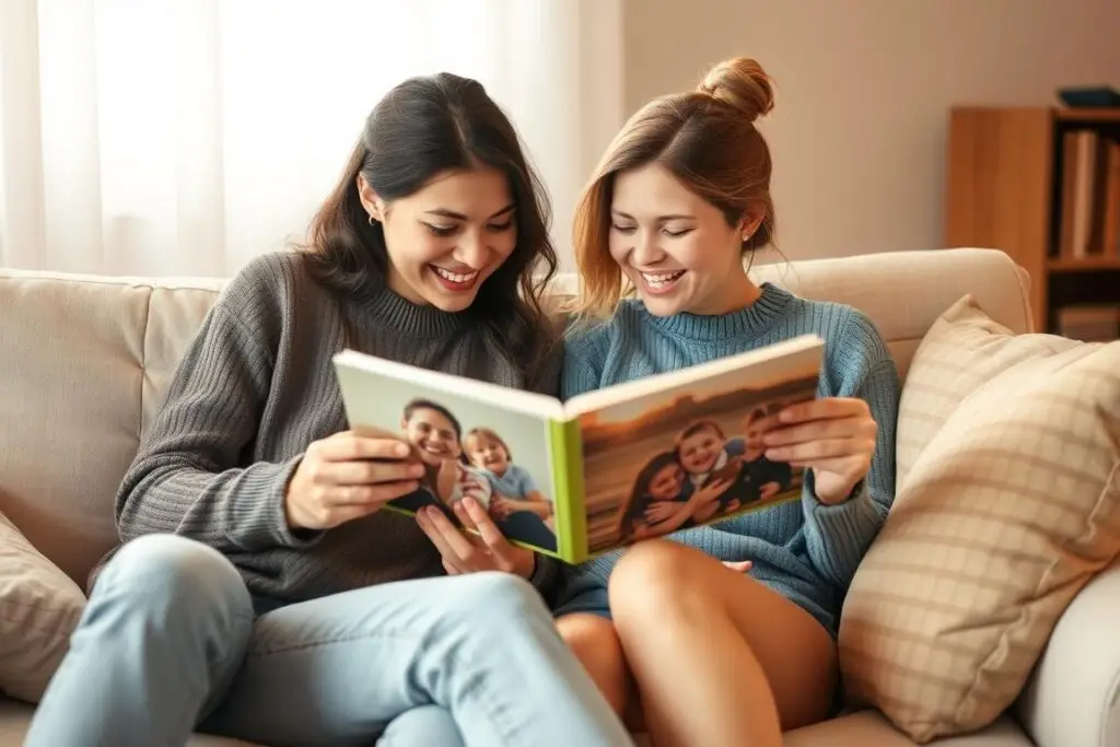 Przyjaciółki przeglądające album ze zdjęciami i śmiejące się