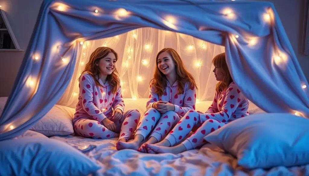 Przyjaciółki w piżamach podczas nocowania, budujące fort z koców