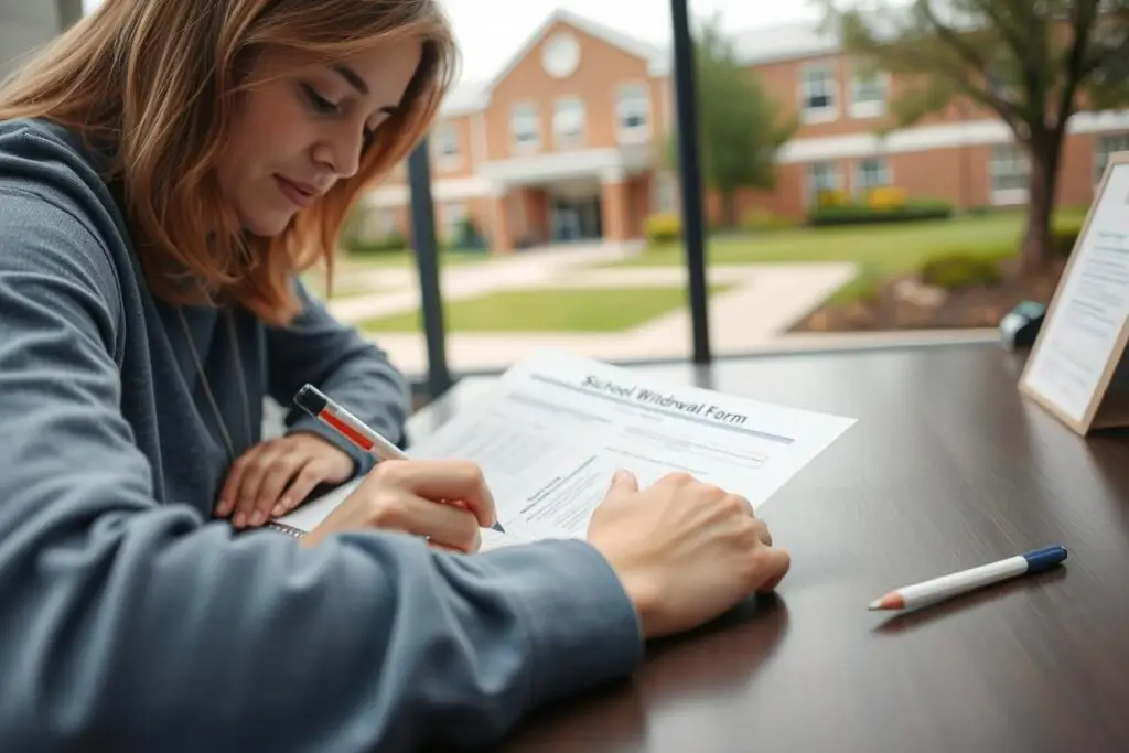 Rodzic wypełniający wniosek o wypisanie dziecka ze szkoły