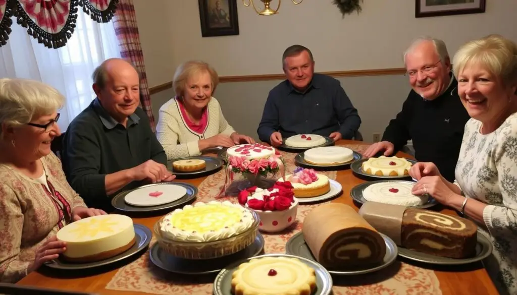 Rodzina ciesząca się ciastami przygotowanymi według przepisów Siostry Anastazji przy świątecznym stole