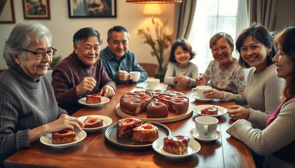 Rodzina delektująca się ciastem ucieranym ze śliwkami przy stole