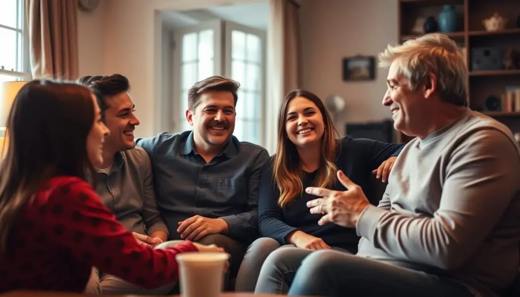 Rodzina wspólnie spędzająca czas, rozmawiająca i śmiejąca się