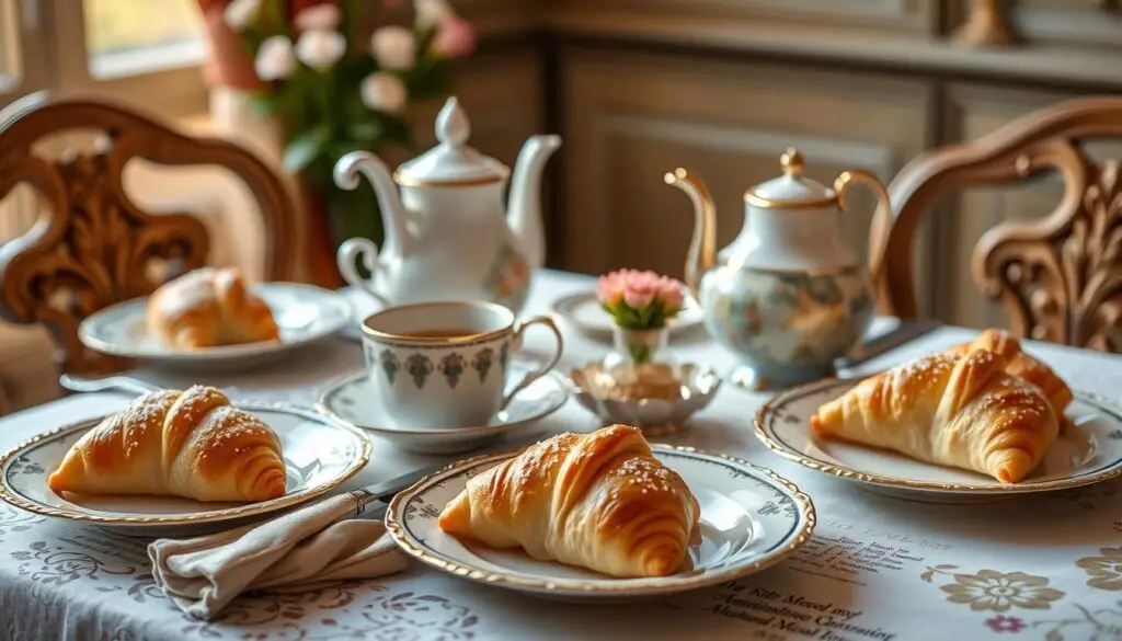 Rogaliki krucho drożdżowe siostry Anastazji podane z herbatą na pięknie nakrytym stole Rogaliki krucho drożdżowe siostry Anastazji podane z herbatą na pięknie nakrytym stole