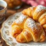 Rogaliki krucho drożdżowe siostry Anastazji ułożone na talerzu, posypane cukrem pudrem