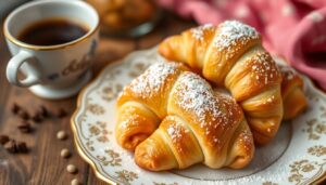 Rogaliki krucho drożdżowe siostry Anastazji ułożone na talerzu, posypane cukrem pudrem