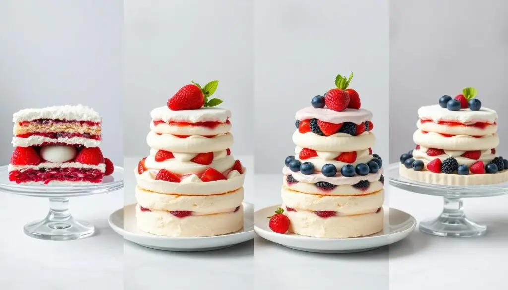 Różne warianty ciasta malinowa chmurka z alternatywnymi owocami i dekoracjami