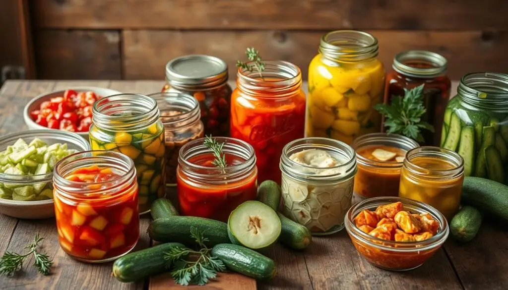 Różnorodne przetwory z cukini na zimę siostry Anastazji ułożone na drewnianym stole Różnorodne przetwory z cukini na zimę siostry Anastazji ułożone na drewnianym stole