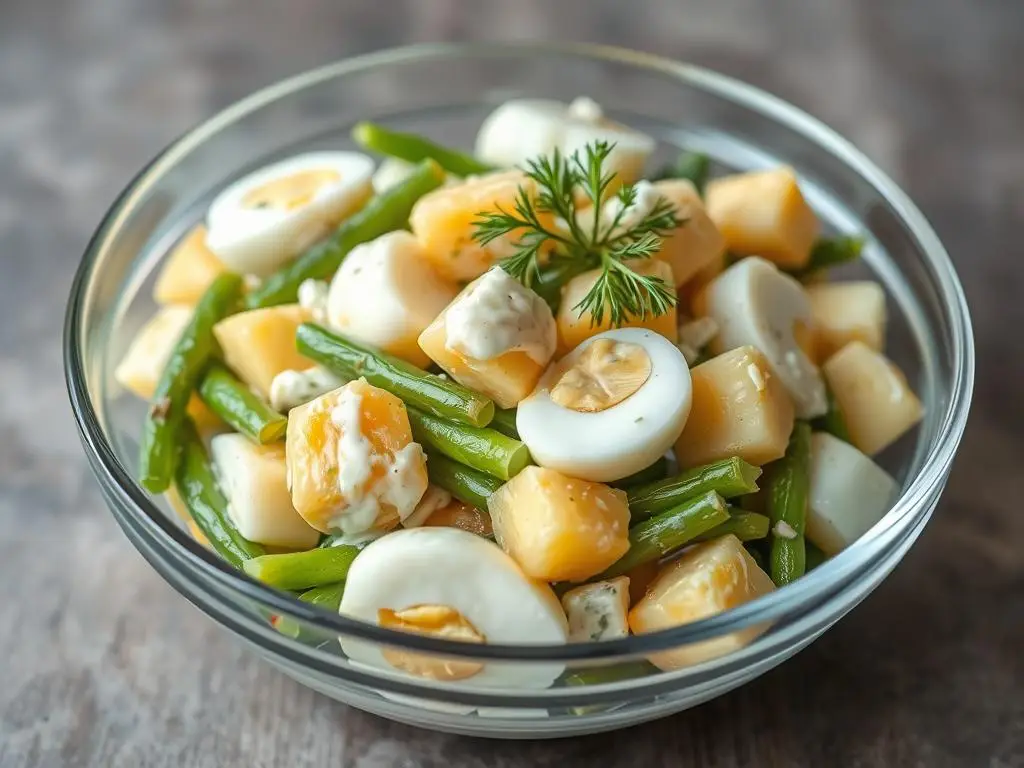 Sałatka z fasolką szparagową, jajkiem i ziemniakami Sałatka z fasolką szparagową, jajkiem i ziemniakami