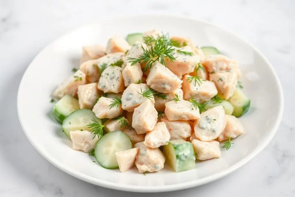 Sałatka z kurczakiem i koperkiem Siostry Anastazji na białym talerzu