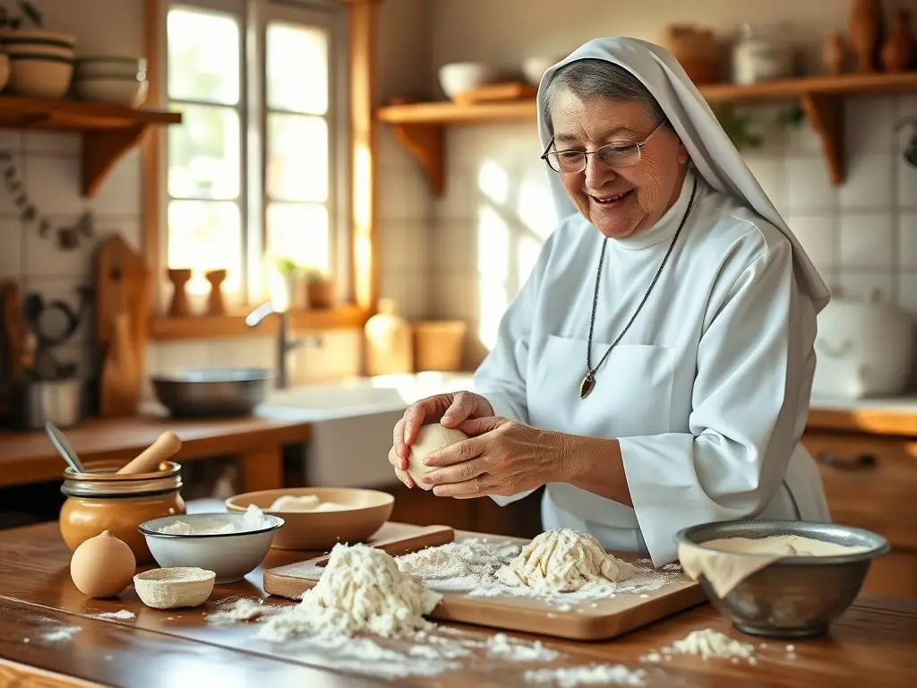 Siostra Anastazja przygotowująca ciasto pleśniak w kuchni