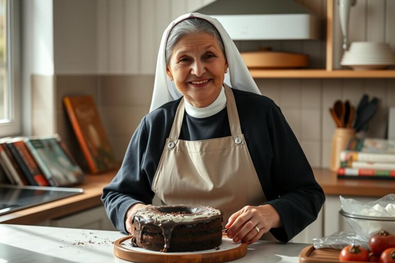 Siostra Anastazja w kuchni przygotowująca ciasto kukułka