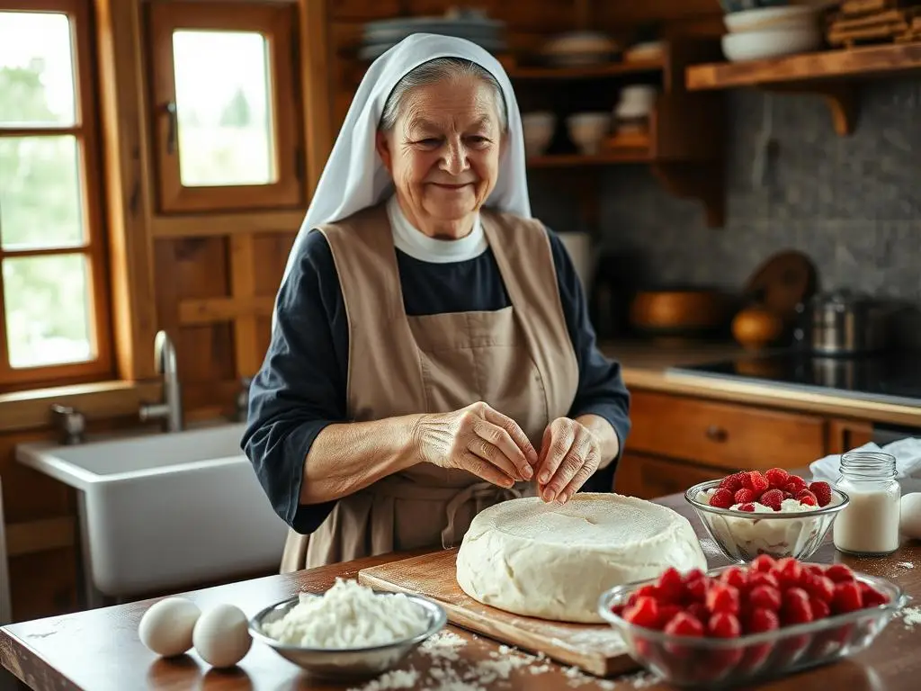 Siostra Anastazja w kuchni przygotowująca ciasto malinowa chmurka, otoczona składnikami