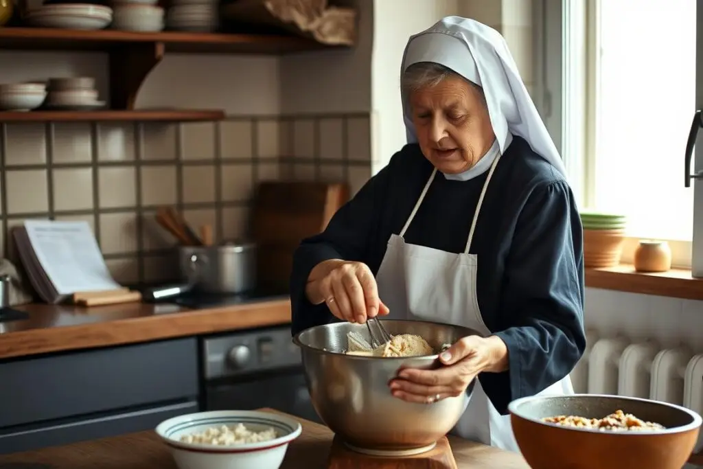Siostra Anastazja w kuchni przygotowująca ciasto według jednego ze swoich super pysznych przepisów