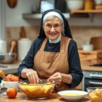 Siostra Anastazja w kuchni przygotowująca ciasto z jabłkami i budyniem