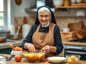 Siostra Anastazja w kuchni przygotowująca ciasto z jabłkami i budyniem
