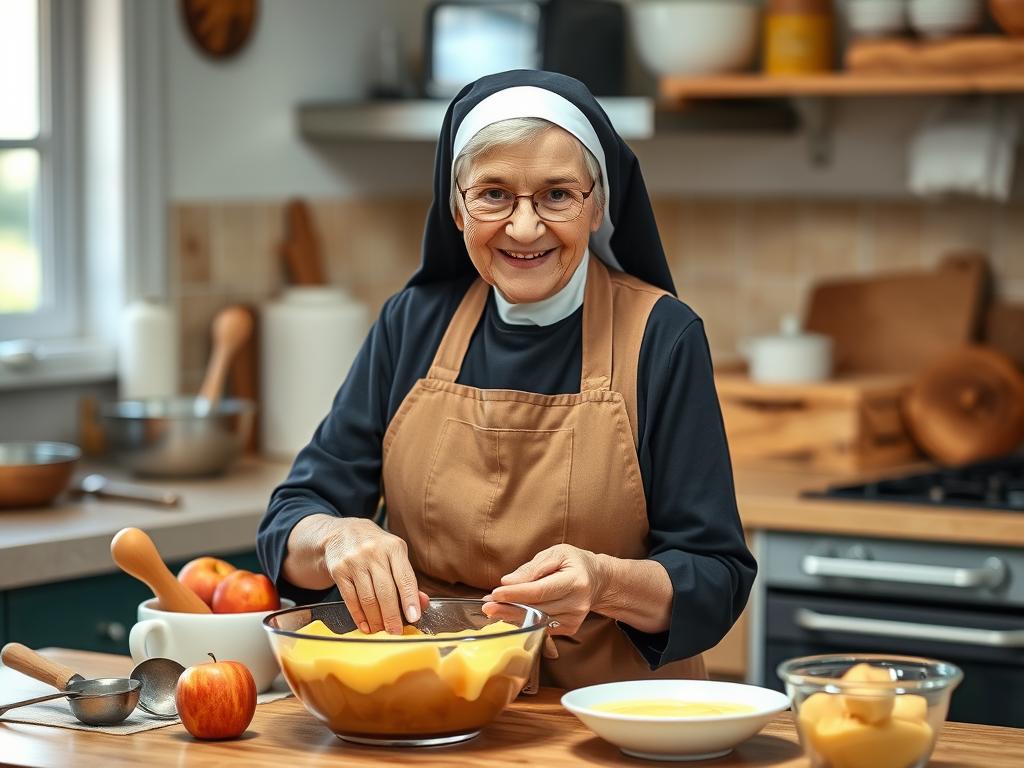 Siostra Anastazja w kuchni przygotowująca ciasto z jabłkami i budyniem