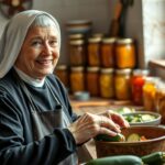 Siostra Anastazja w kuchni przygotowująca przetwory z cukini na zimę