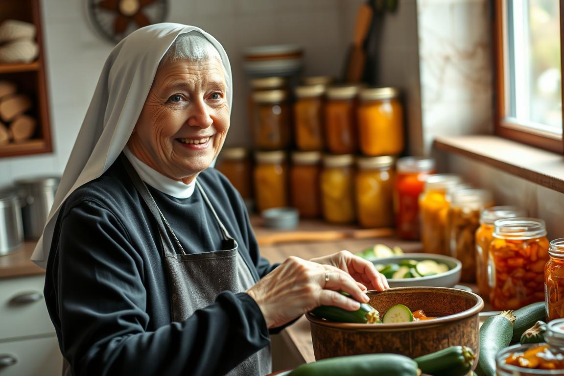 Siostra Anastazja w kuchni przygotowująca przetwory z cukini na zimę