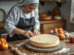 Siostra Anastazja w kuchni przygotowująca sernik z brzoskwiniami