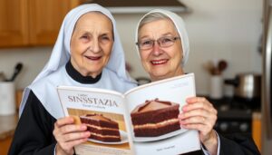 Siostra Anastazja z książką kucharską zawierającą przepis na ciasto snikers na biszkopcie